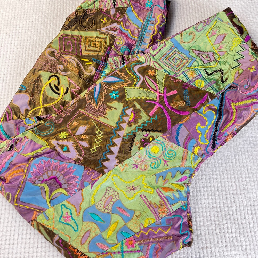 Oscar de la Renta 100%Silk Patchwork Embroidered Straight Leg Pants Vintage Sz 8